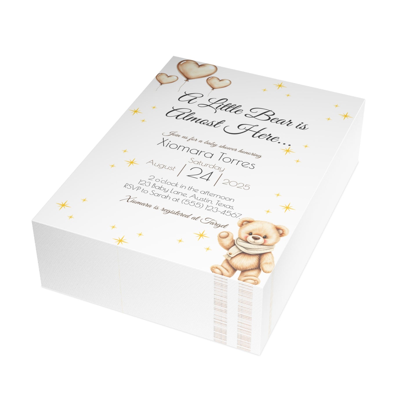 Custom Baby Shower Invitation – Printed Teddy Bear Theme | Neutral | Personalized Invite for Boy or Girl | Premium Cardstock + Free Shipping