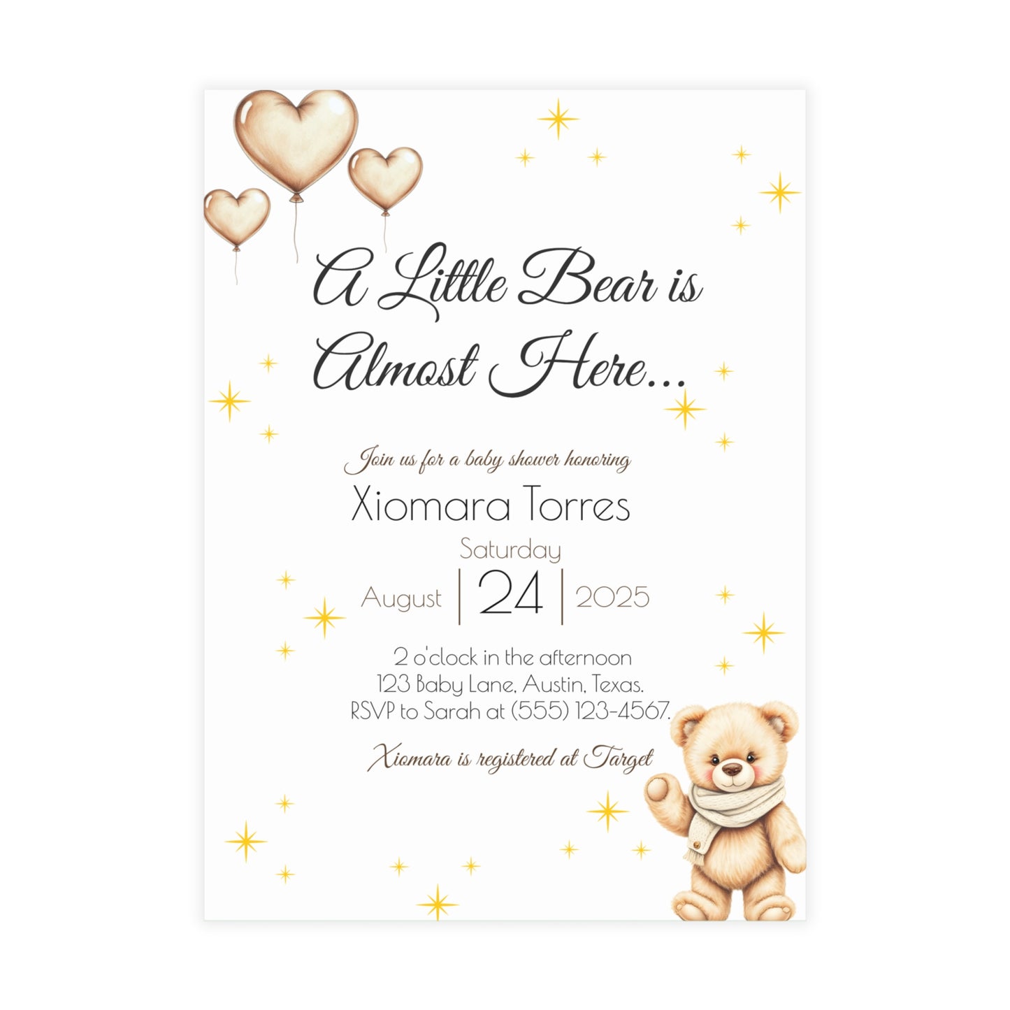 Custom Baby Shower Invitation – Printed Teddy Bear Theme | Neutral | Personalized Invite for Boy or Girl | Premium Cardstock + Free Shipping