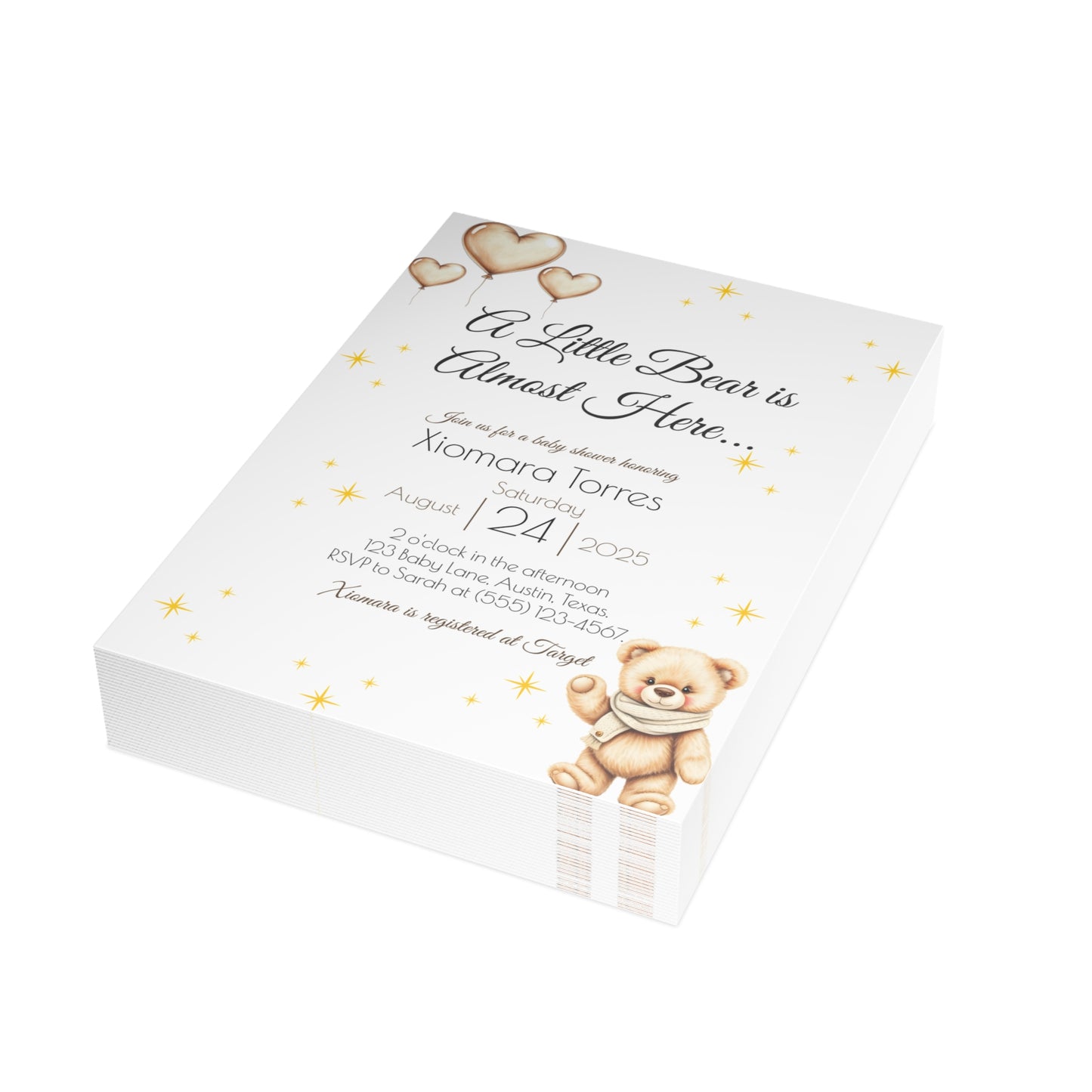 Custom Baby Shower Invitation – Printed Teddy Bear Theme | Neutral | Personalized Invite for Boy or Girl | Premium Cardstock + Free Shipping