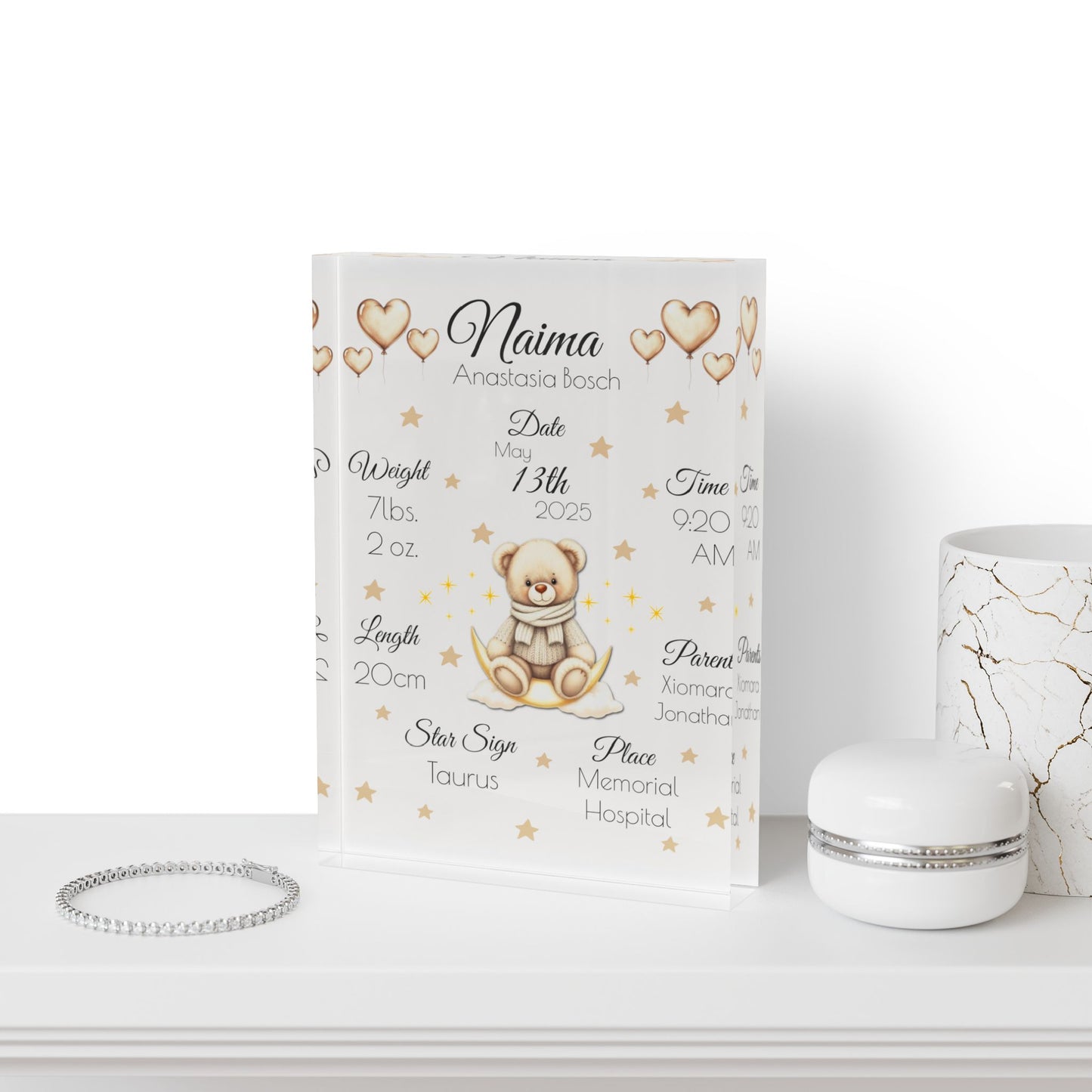 Personalized Teddy Bear Birth Stats Acrylic Block – Custom Nursery Decor | Free Shipping