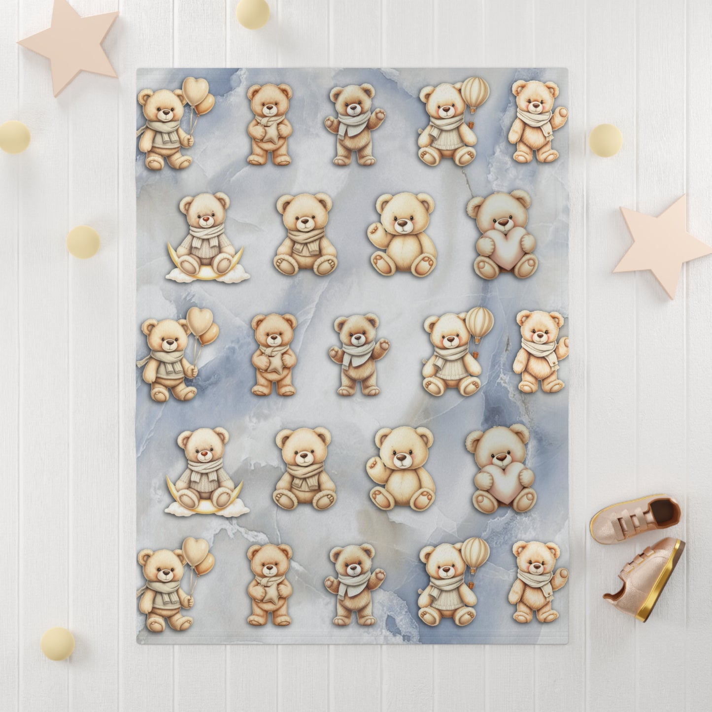 Teddy Bear Fleece Baby Blanket – Soft & Cozy Nursery Blanket | Blue Marble Background | Cute Bear Design for Baby Boys & Girls