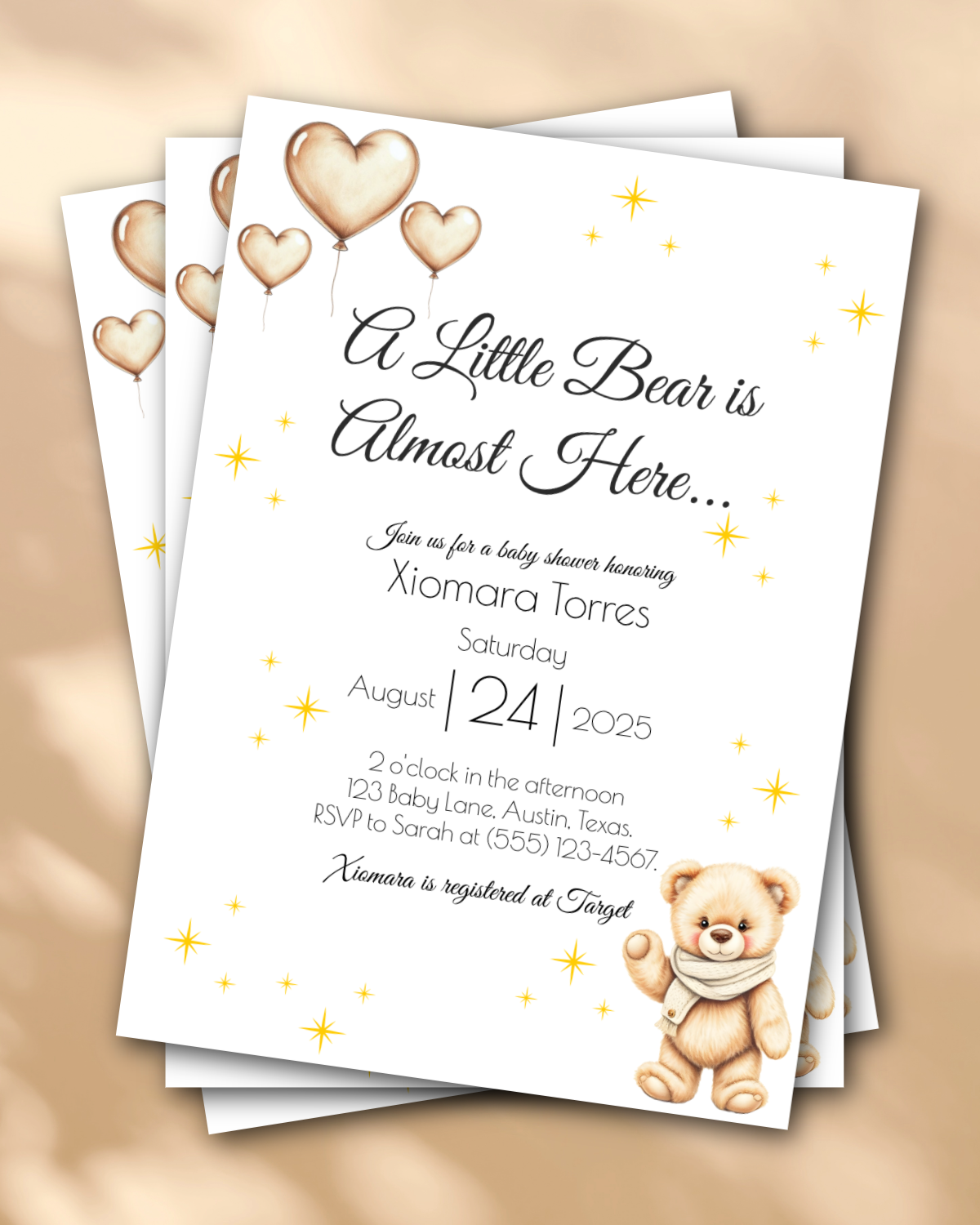 Custom Baby Shower Invitation – Printed Teddy Bear Theme | Neutral | Personalized Invite for Boy or Girl | Premium Cardstock + Free Shipping