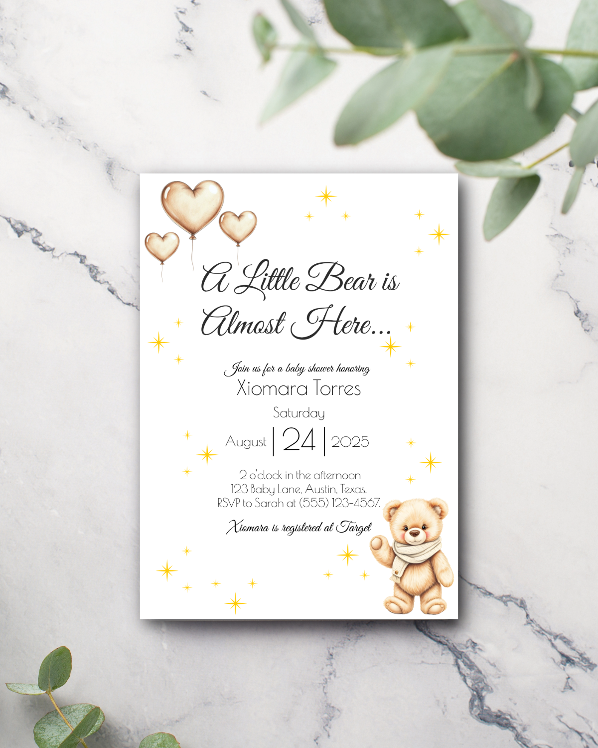 Custom Baby Shower Invitation – Printed Teddy Bear Theme | Neutral | Personalized Invite for Boy or Girl | Premium Cardstock + Free Shipping