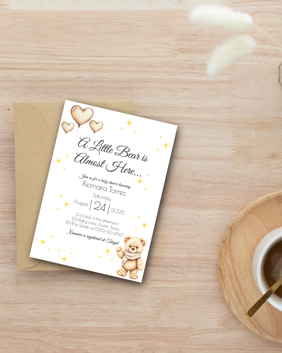 Custom Baby Shower Invitation – Printed Teddy Bear Theme | Neutral | Personalized Invite for Boy or Girl | Premium Cardstock + Free Shipping