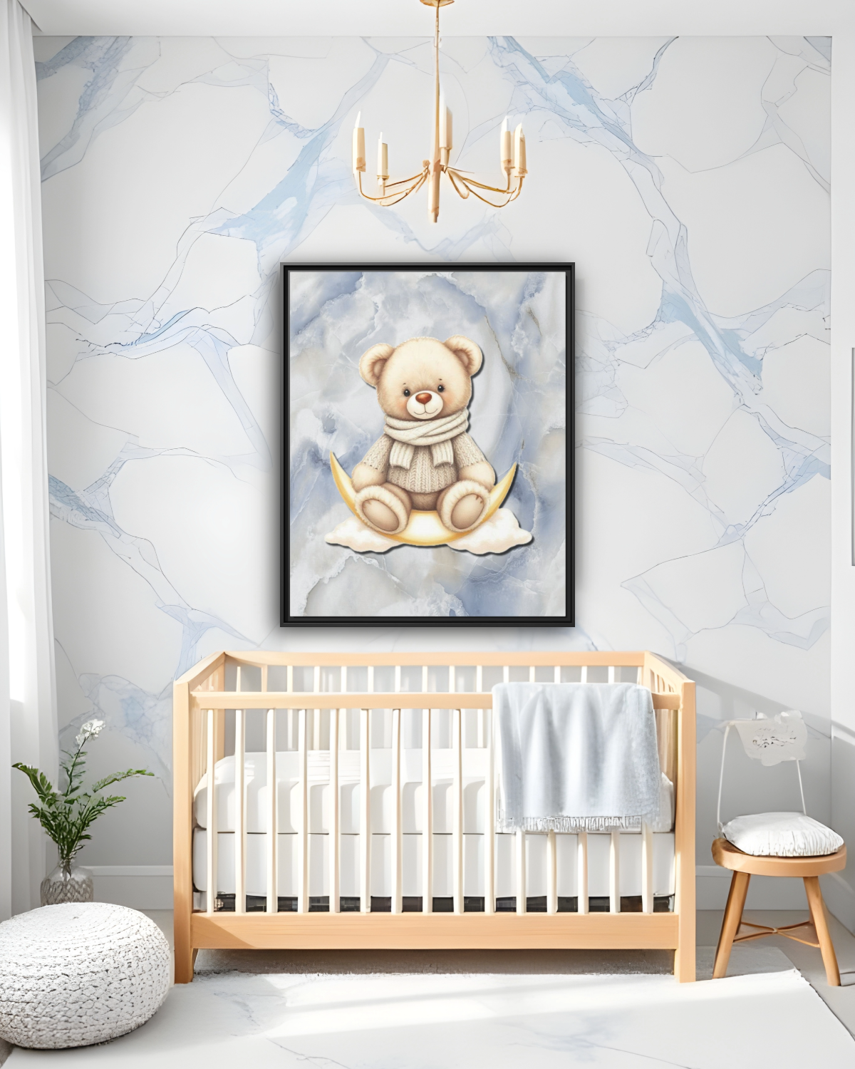 Marble Blue Cute Teddy Bear on the Moon Fine Art Poster, Kids Room Decor, Nursery Wall Art, Gift for Baby Shower, Whimsical Wall Decor