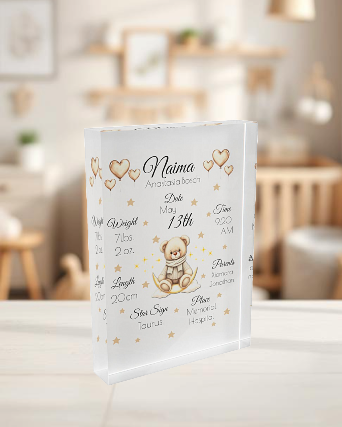 Personalized Teddy Bear Birth Stats Acrylic Block – Custom Nursery Decor | Free Shipping