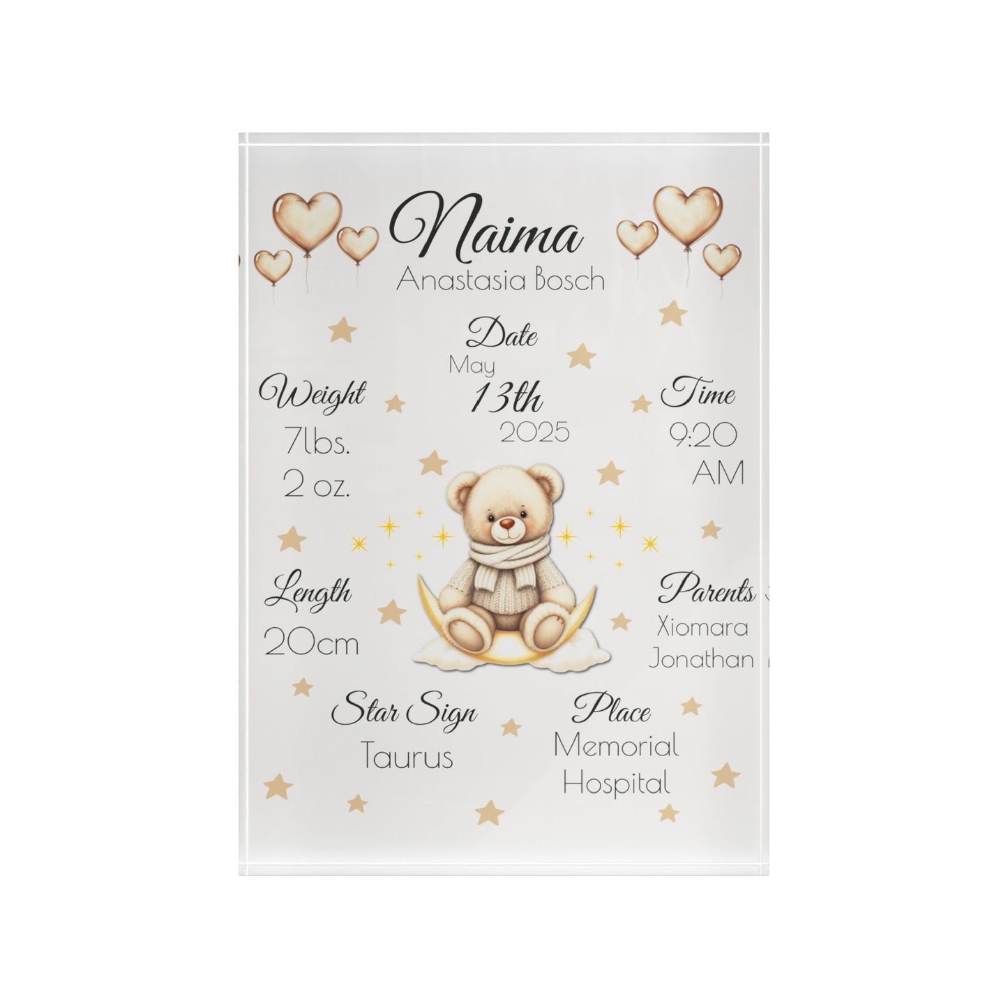 Personalized Teddy Bear Birth Stats Acrylic Block – Custom Nursery Decor | Free Shipping