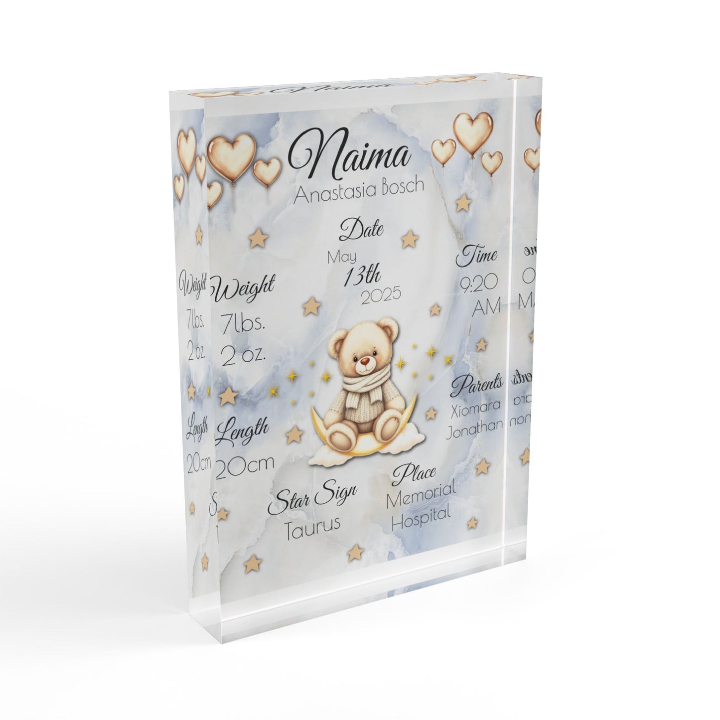 Personalized Marble Blue Teddy Bear Birth Stats Acrylic Block – Custom Nursery Decor | Free Shipping