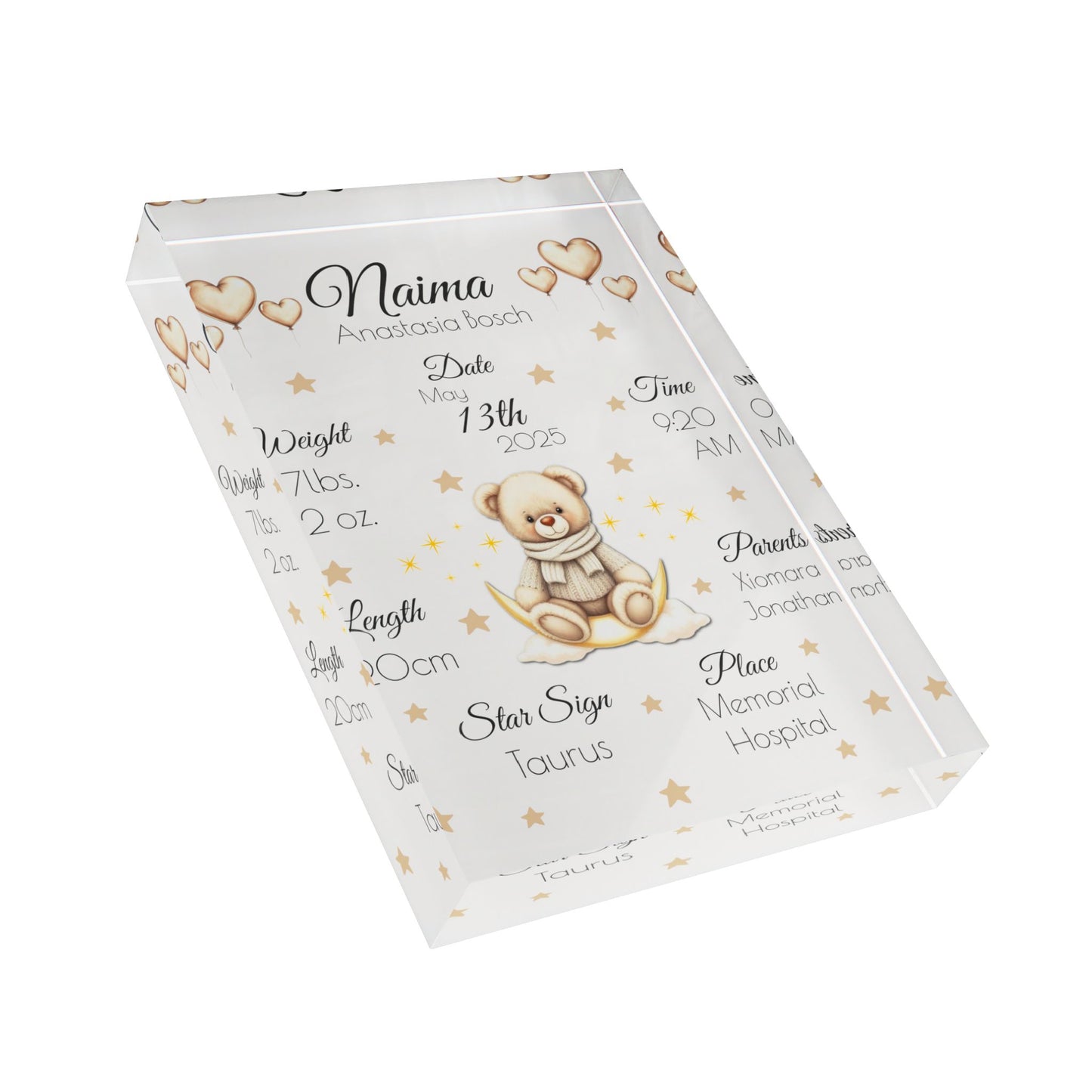 Personalized Teddy Bear Birth Stats Acrylic Block – Custom Nursery Decor | Free Shipping
