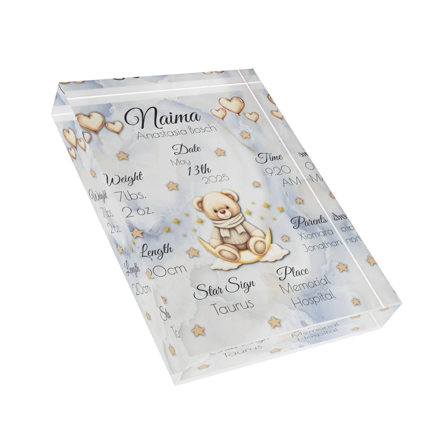 Personalized Marble Blue Teddy Bear Birth Stats Acrylic Block – Custom Nursery Decor | Free Shipping