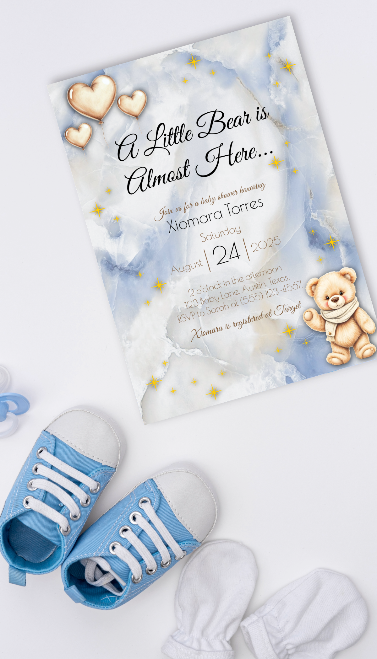 Custom Baby Shower Invitation – Printed Teddy Bear Theme | Blue Marble | Personalized Invite for Boy or Girl | Premium Cardstock + Free Shipping