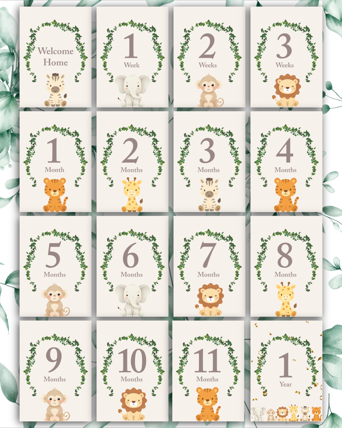 Jungle Baby Milestone Cards – Safari Animal Keepsake Set | Digital Download