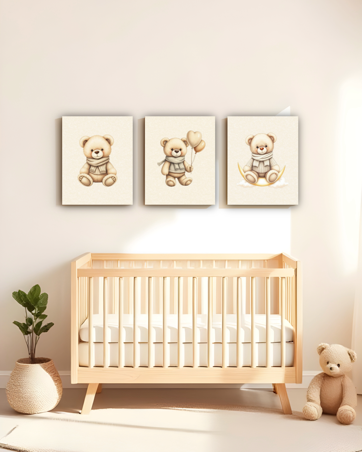 Beige Neutral Teddy Bear Nursery Wall Art Set | Baby Room Decor