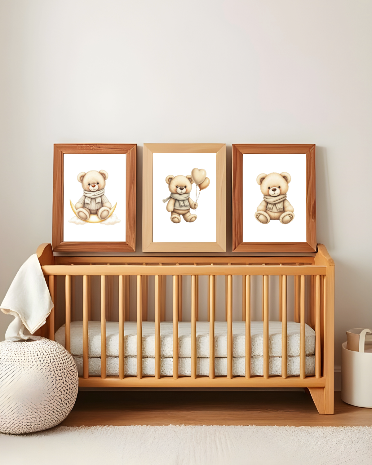 White Teddy Bear Nursery Prints – Set of 3 | Minimalist Baby Room Art