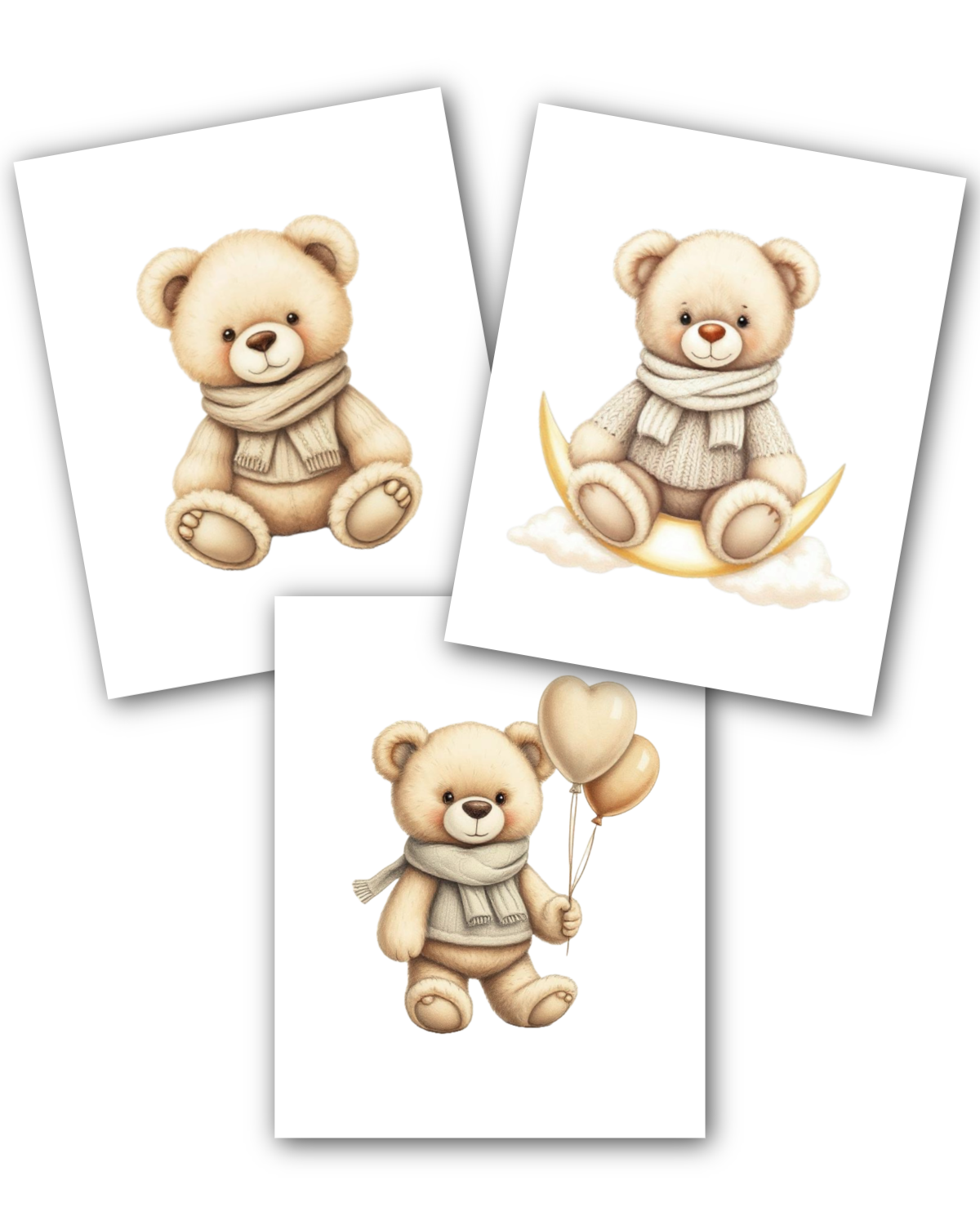 White Teddy Bear Nursery Prints – Set of 3 | Minimalist Baby Room Art