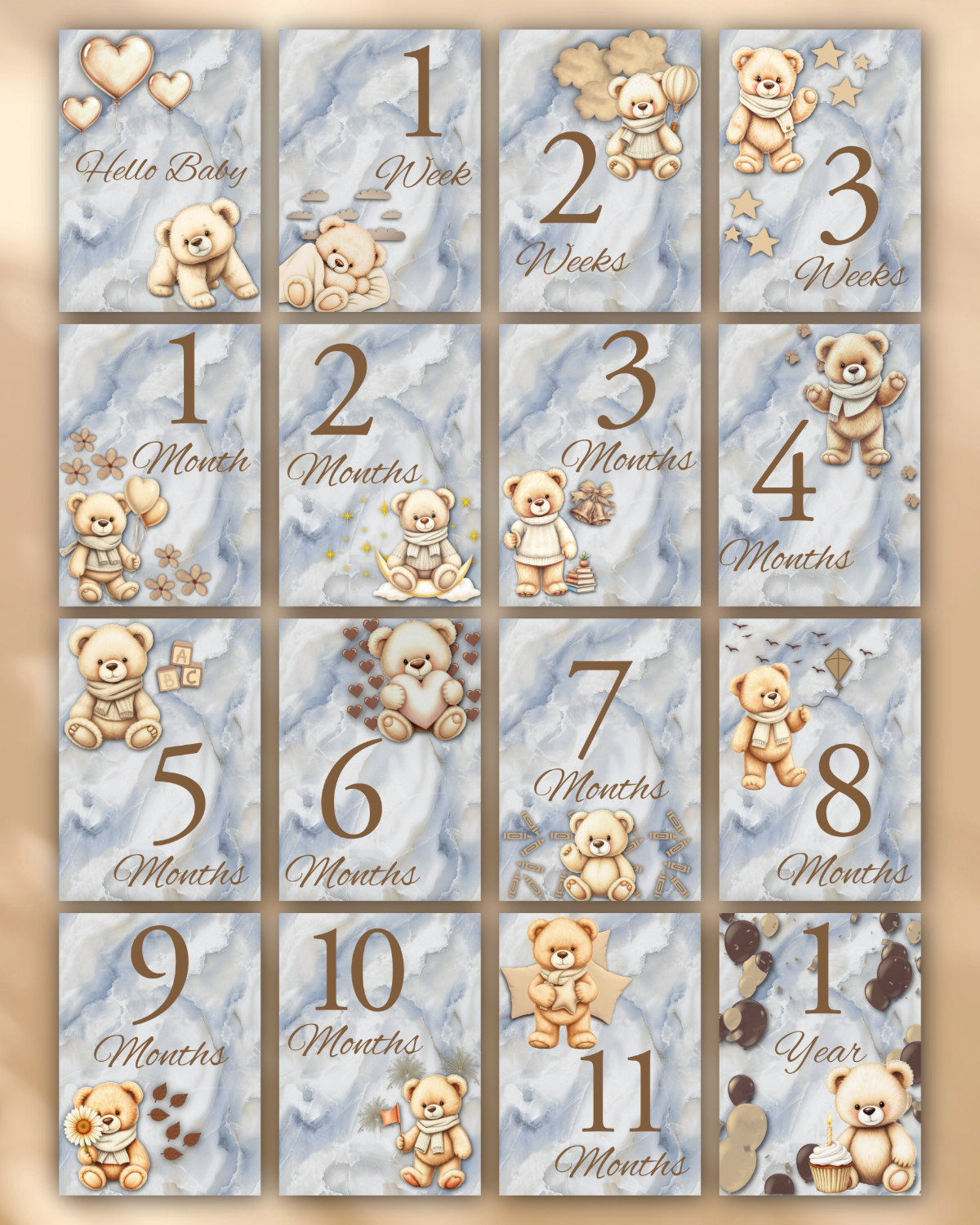Teddy Bear Baby Milestone Cards – Blue Marble Printable Set for Newborn & Monthly Photos | Digital Download