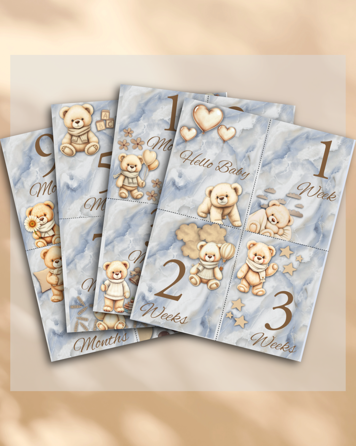 Teddy Bear Baby Milestone Cards – Blue Marble Printable Set for Newborn & Monthly Photos | Digital Download