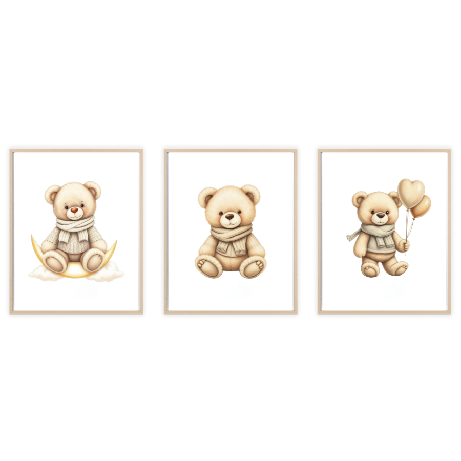 White Teddy Bear Nursery Prints – Set of 3 | Minimalist Baby Room Art