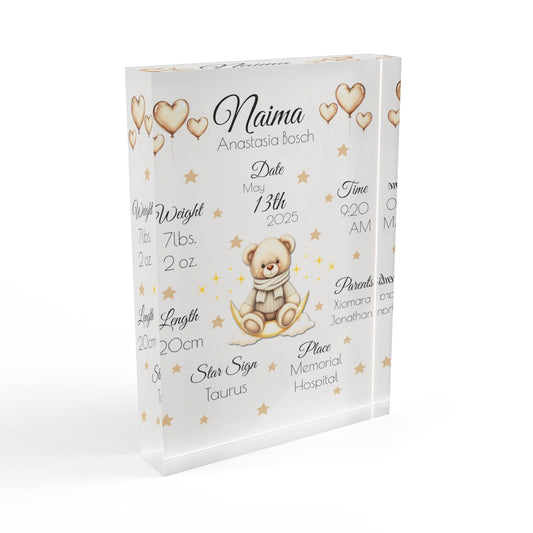 Personalized Teddy Bear Birth Stats Acrylic Block – Custom Nursery Decor | Free Shipping