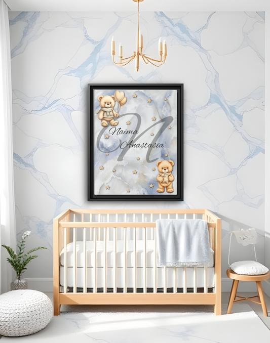 Cute Teddy Bear Fine Art Posters, Nursery Wall Art, Personalized Baby Room Decor, Kids Bedroom Decoration, Gift for New Parents