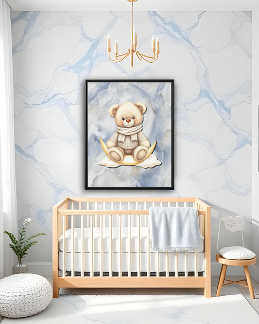 Marble Blue Cute Teddy Bear on the Moon Fine Art Poster, Kids Room Decor, Nursery Wall Art, Gift for Baby Shower, Whimsical Wall Decor