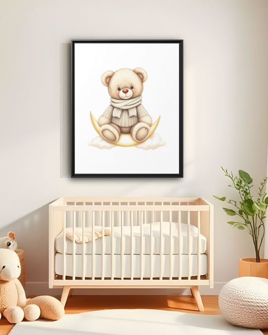 Wall Art Poster - Cozy Teddy Bear on the Moon Nursery Print
