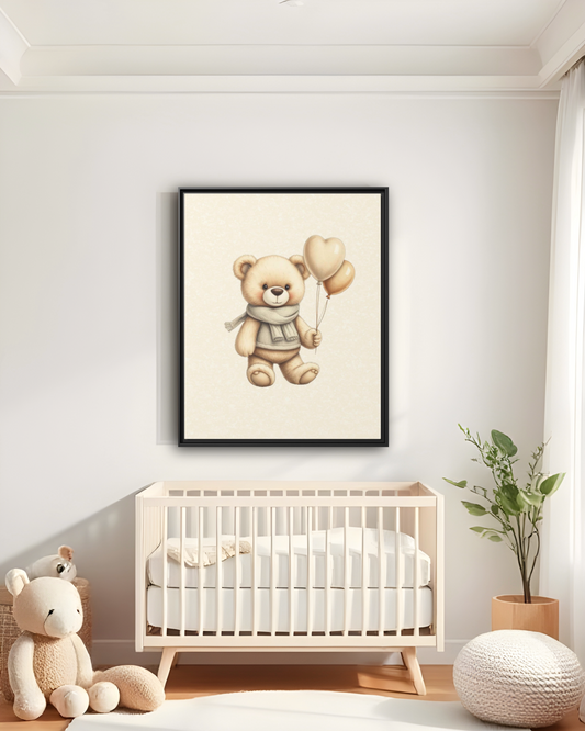 Cozy Teddy Bear with Balloons on Beige Background Print