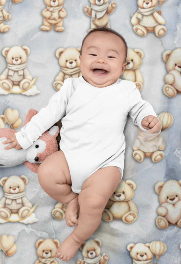 Teddy Bear Fleece Baby Blanket – Soft & Cozy Nursery Blanket | Blue Marble Background | Cute Bear Design for Baby Boys & Girls