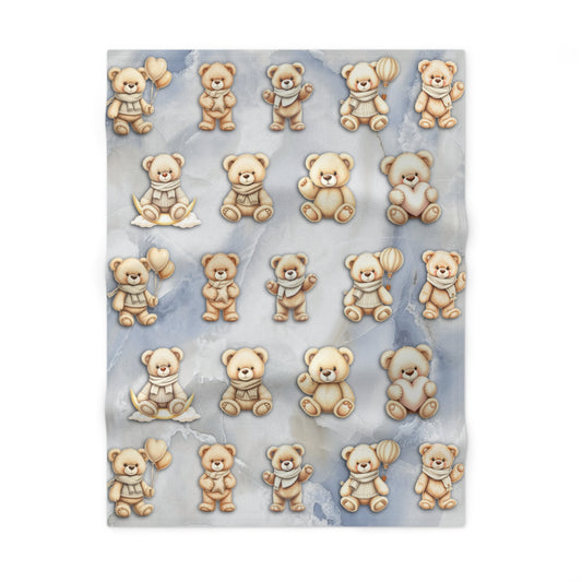 Teddy Bear Fleece Baby Blanket – Soft & Cozy Nursery Blanket | Blue Marble Background | Cute Bear Design for Baby Boys & Girls