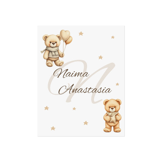 Cute Teddy Bear Fine Art Posters, Nursery Wall Art, Personalized Baby Room Decor, Kids Bedroom Decoration, Gift for New Parents