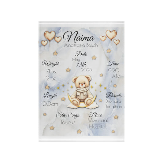Personalized Marble Blue Teddy Bear Birth Stats Acrylic Block – Custom Nursery Decor | Free Shipping