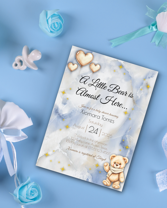 Custom Baby Shower Invitation – Printed Teddy Bear Theme | Blue Marble | Personalized Invite for Boy or Girl | Premium Cardstock + Free Shipping