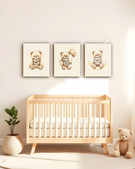Beige Neutral Teddy Bear Nursery Wall Art Set | Baby Room Decor