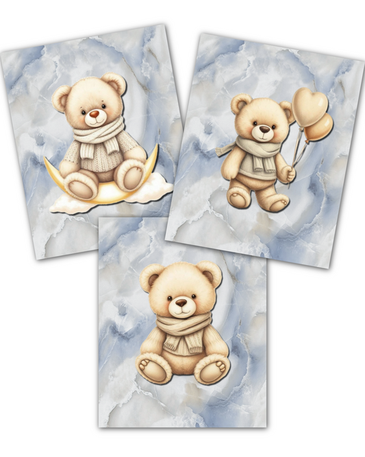 Blue Marble Teddy Bear Nursery Prints – Set of 3 | Baby Wall Art