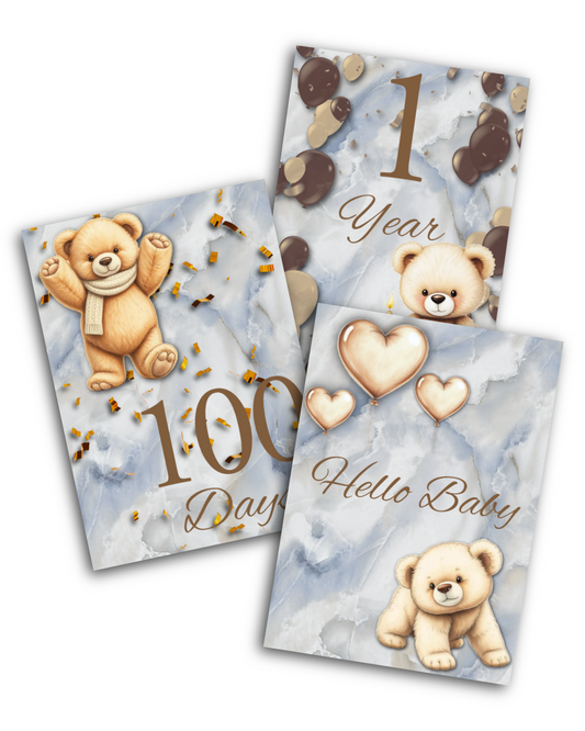Teddy Bear Baby Milestone Cards – Blue Marble Printable Set for Newborn & Monthly Photos | Digital Download