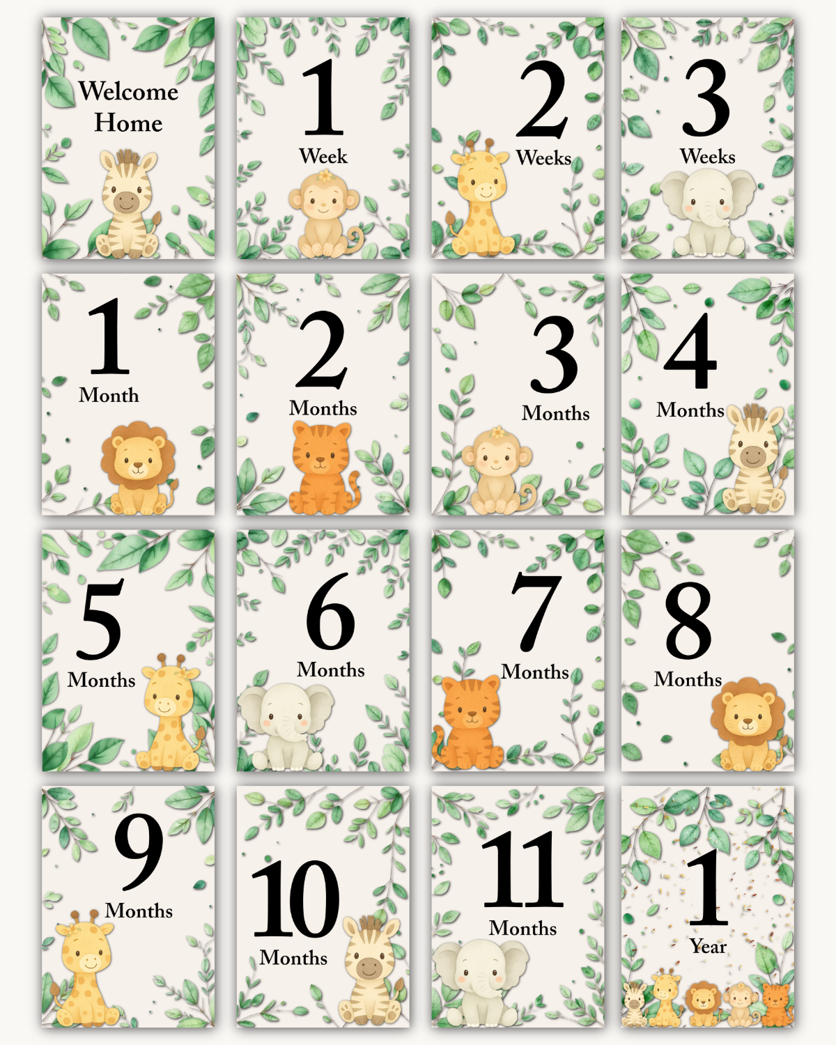 Safari Baby Milestone Cards – Digital Download | 16 Piece Set