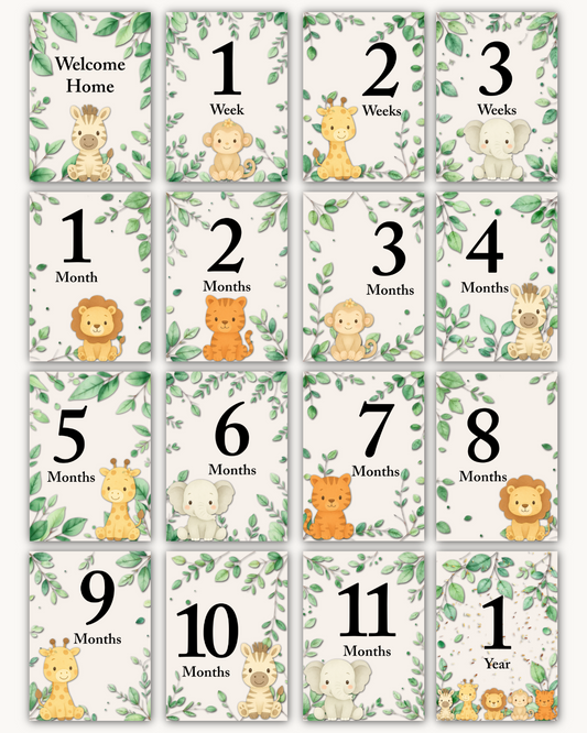 Safari Baby Milestone Cards – Digital Download | 16 Piece Set