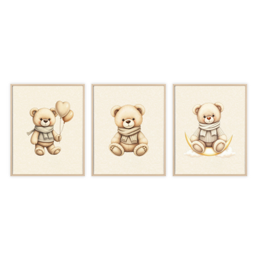 Beige Neutral Teddy Bear Nursery Wall Art Set | Baby Room Decor