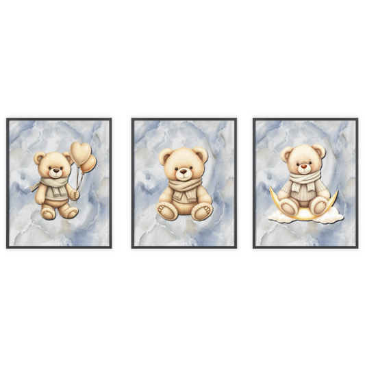 Blue Marble Teddy Bear Nursery Prints – Set of 3 | Baby Wall Art