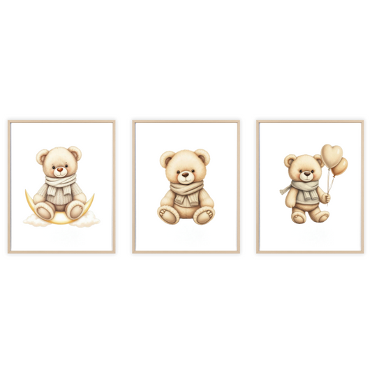 White Teddy Bear Nursery Prints – Set of 3 | Minimalist Baby Room Art