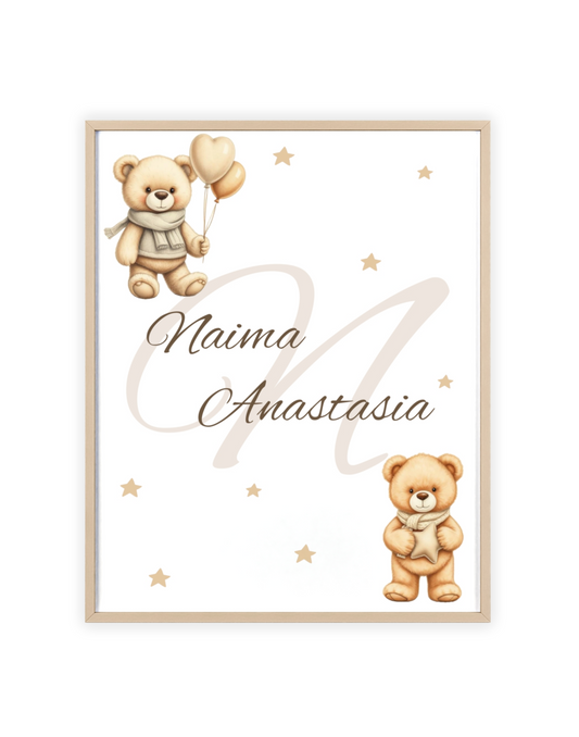 Cute Teddy Bear Fine Art Posters, Nursery Wall Art, Personalized Baby Room Decor, Kids Bedroom Decoration, Gift for New Parents
